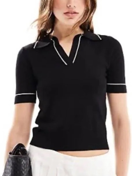 Mango Tops - Mango Black Polo Knit Top with White Contrast Piping